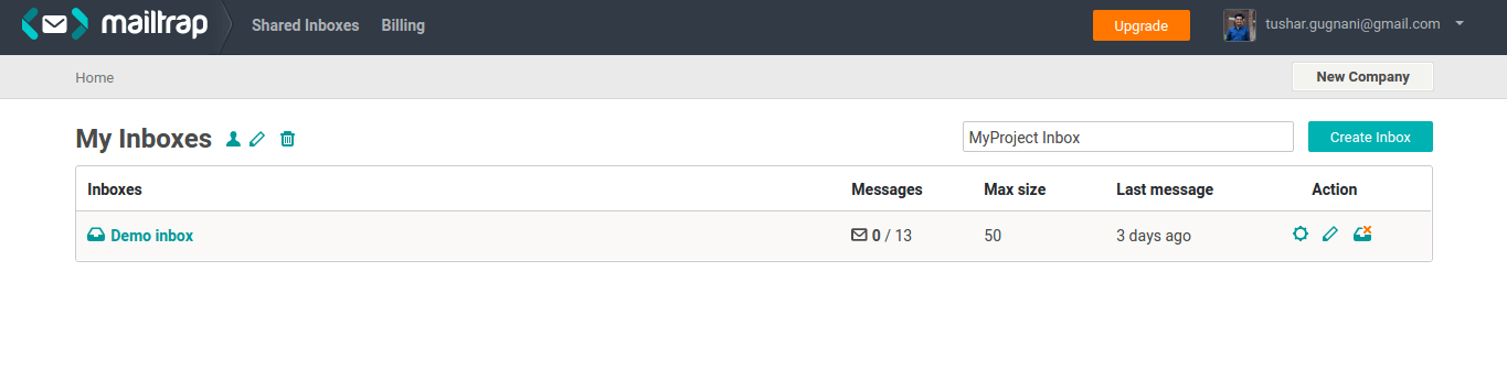 Mailtrap create new inbox - Laravel Send Email