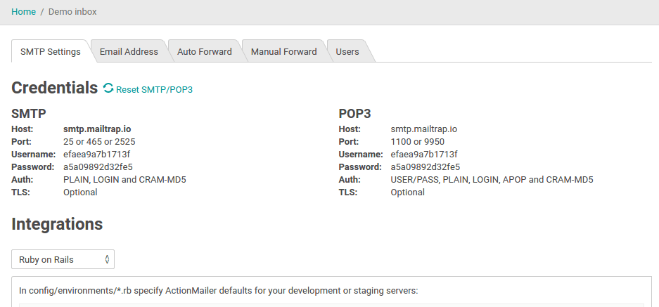 Mailtrap.io mail properties