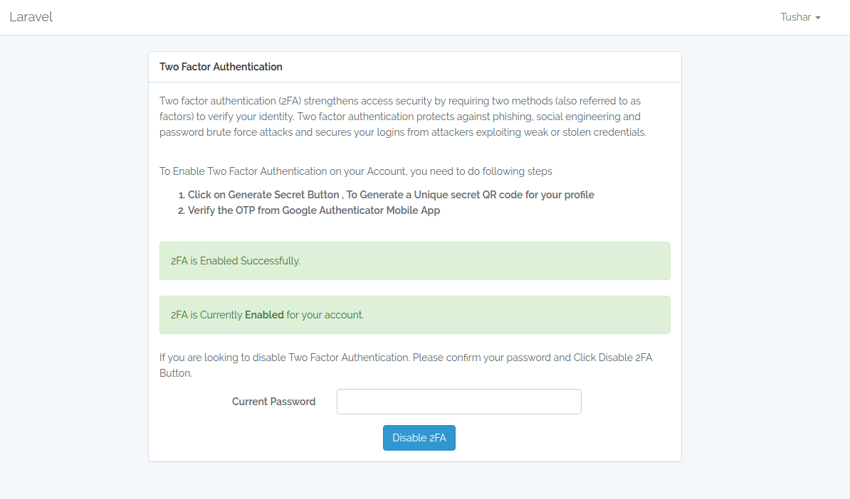 2FA Enabled Laravel