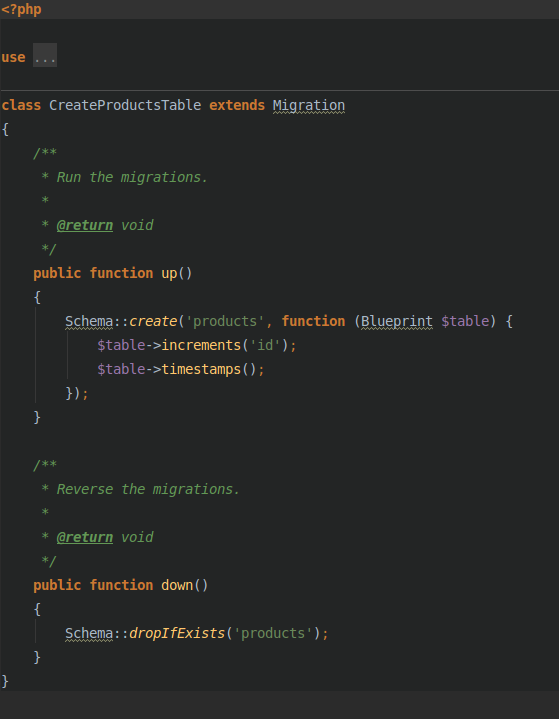 products migration file.