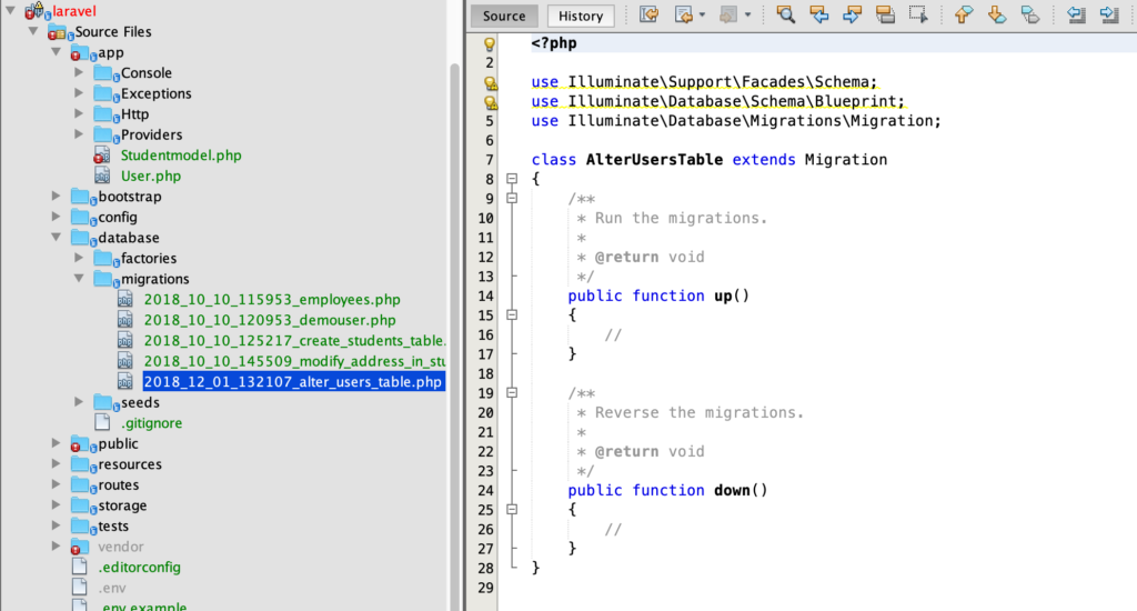 laravel database migration file