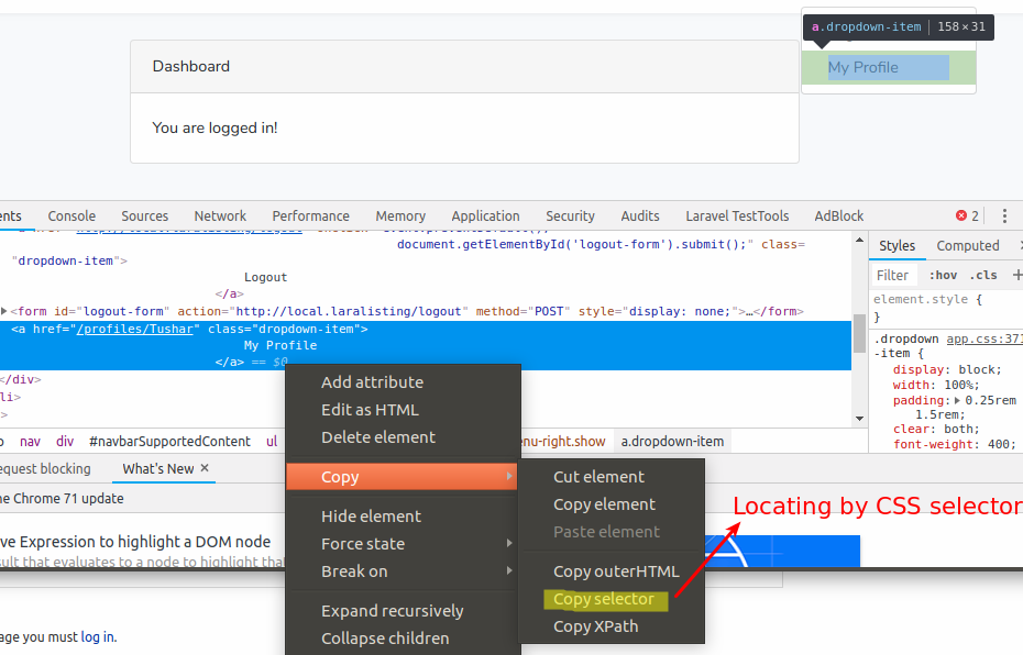 locating by css selector in laravel dusk