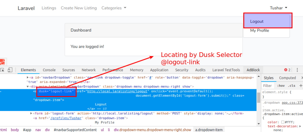 locating by dusk selector laravel