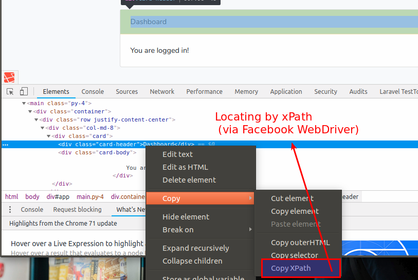 locating by xPath in Laravel Dusk